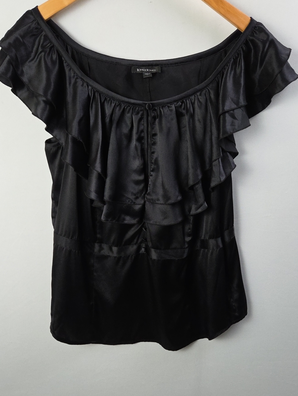 Bebe Women's Black Silk Cascading Ruffled Top Sz L Y2K 90's Baby doll Whimsical